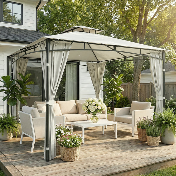 Tonnelle de Jardin Extérieur 3x3m Pavillon Métal Ø 48mm - Cadre de Toit Rétractable & Double Toit UV50+ - Abri de Jardin Imperméable Robuste pour 6-8 Personnes, Crème