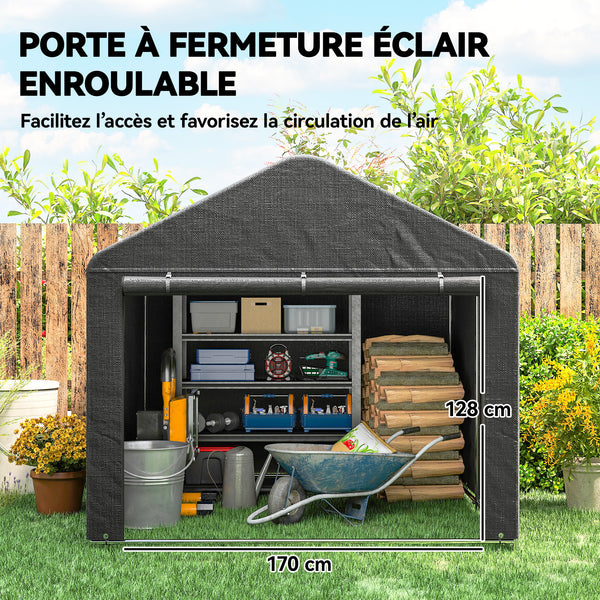Abri de jardin tente de stockage imperméable abri moto porte enroulable fermeture éclair, garage pour vélo et outils rangement et stockage pour vélo moto bois outils, 200x238x183cm gris foncé