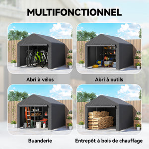 Abri de jardin tente de stockage imperméable abri moto porte enroulable fermeture éclair, garage pour vélo et outils rangement et stockage pour vélo moto bois outils, 200x238x183cm gris foncé