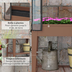 Jardinière surélevée potager avec bâche transparente, mini serre de jardin, 2 roulettes et 1 étagère inférieure pour légumes, fleurs, potager, dim. 80L x 40l x 120H cm, marron