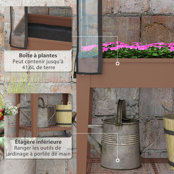 Jardinière surélevée potager avec bâche transparente, mini serre de jardin, 2 roulettes et 1 étagère inférieure pour légumes, fleurs, potager, dim. 80L x 40l x 120H cm, marron