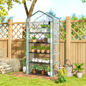 Serre de jardin avec étagères 5 niveaux, serre de balcon, bâche renforcée, châssis en acier, porte zippée enroulable, pour légumes plantes fleurs, 90x49x193cm, transparent