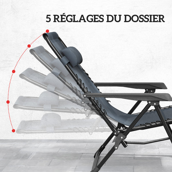 Lot de 2 chaise longue pliable et inclinable avec table d'appoint, fauteuil relax jardin de gravité zéro transat bain de soleil avec porte-gobelets et appuie-tête, charge 120 kg, gris