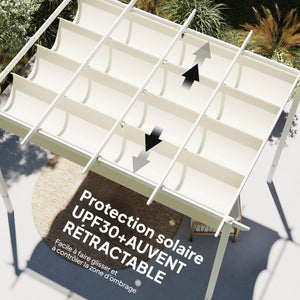 Pergola de Jardin 4 x 3 m avec Toit Rétractable, Gazebo Autoportant avec Trous de Drainage, Protection Solaire UPF30+, Beige