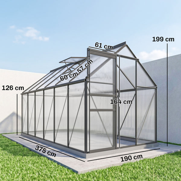 Serre de Jardin 7 m² en Aluminium Polycarbonate avec Fondation, 190 x 375 x 199 cm, Serre avec Fenêtre Réglable et Porte Coulissante, Abri Extérieur Résistant aux Intempéries, Gris Foncé