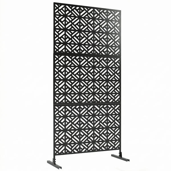 Panneau Brise Vue décoratif Extérieur Claustra Décoratif Jardin 3 Panneaux à motif géométrique paravent extérieur avec support en métal 92 x 40 x 192 cm, Noir
