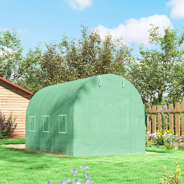 Serre de Jardin Tunnel Surface Sol 7m² 3,5L x 2l x 2H m châssis Tubulaire renforcé Porte zippée 6 fenêtres enroulables Vert