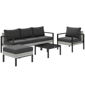 Salon de jardin extérieur 5 personnes, salon de balcon en résine tressée avec fauteuils, pouf et table basse, coussins déhoussables inclus, charge 120 kg, gris clair