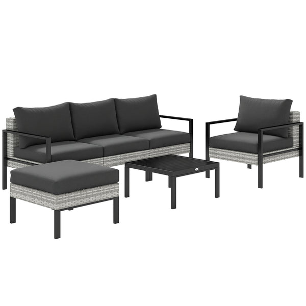 Salon de jardin extérieur 5 personnes, salon de balcon en résine tressée avec fauteuils, pouf et table basse, coussins déhoussables inclus, charge 120 kg, gris clair