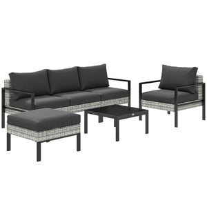 Salon de jardin extérieur 5 personnes, salon de balcon en résine tressée avec fauteuils, pouf et table basse, coussins déhoussables inclus, charge 120 kg, gris clair