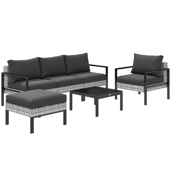 Salon de jardin extérieur 5 personnes, salon de balcon en résine tressée avec fauteuils, pouf et table basse, coussins déhoussables inclus, charge 120 kg, gris clair