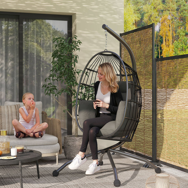 Fauteuil suspendu, fauteuil oeuf suspendu panier pliable, chaise hamac balançoire, avec coussin rembourré, oreiller, porte-gobelet, pour intérieur et extérieur, gris foncé