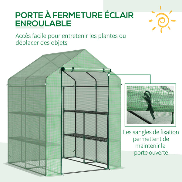 Serre de Jardin avec Étagères 3 Niveaux, Petite Serre de Balcon en Bâche PE 140 g/㎡ Renforcée et Châssis Acier, pour Légumes et Fleurs, Intérieur et Extérieur, 143 x 138 x 190 cm, Vert