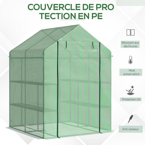 Serre de Jardin avec Étagères 3 Niveaux, Petite Serre de Balcon en Bâche PE 140 g/㎡ Renforcée et Châssis Acier, pour Légumes et Fleurs, Intérieur et Extérieur, 143 x 138 x 190 cm, Vert