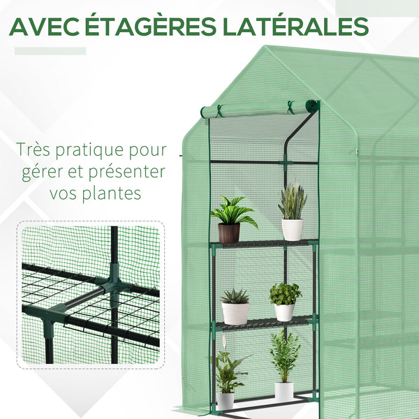 Serre de Jardin avec Étagères 3 Niveaux, Petite Serre de Balcon en Bâche PE 140 g/㎡ Renforcée et Châssis Acier, pour Légumes et Fleurs, Intérieur et Extérieur, 143 x 138 x 190 cm, Vert