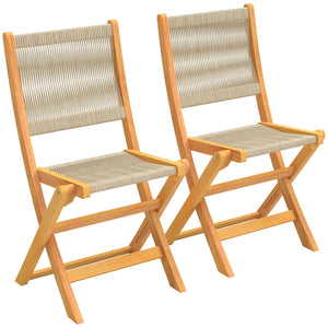 Lot de 2 Chaises de Jardin Pliantes en Bois d'Acacia FSC - Chaises de Balcon avec Dossier et Assise en Corde Tressée - Gain de Place, Aucun Assemblage Requis, Naturel et Beige