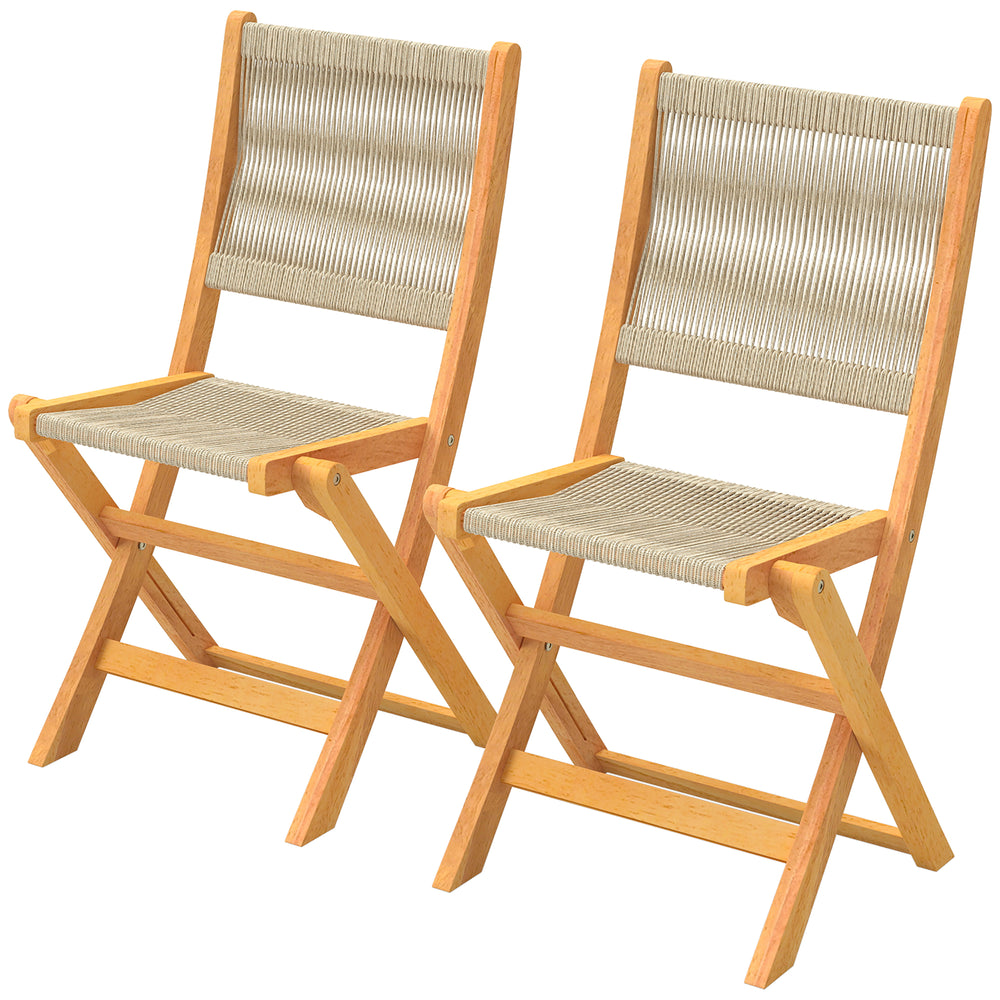 Lot de 2 Chaises de Jardin Pliantes en Bois d'Acacia FSC - Chaises de Balcon avec Dossier et Assise en Corde Tressée - Gain de Place, Aucun Assemblage Requis, Naturel et Beige