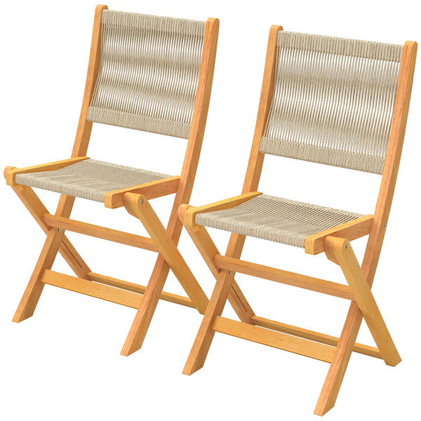Lot de 2 Chaises de Jardin Pliantes en Bois d'Acacia FSC - Chaises de Balcon avec Dossier et Assise en Corde Tressée - Gain de Place, Aucun Assemblage Requis, Naturel et Beige