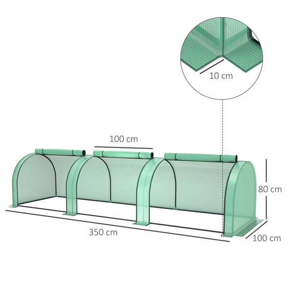 Mini Serre de Jardin Mini Serre Tunnel Serre à Tomates 3,5 x 1 x 0,8 m Acier Plastique Haute Densité Anti-UV 3 Portes avec Zip Enroulables Vert
