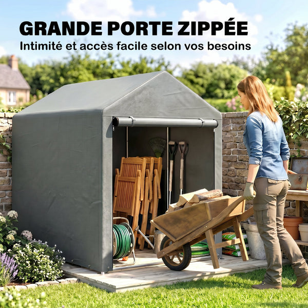 Abri de Jardin avec 2 Compartiments, Tente de Stockage Imperméable, Abri Moto, Porte Enroulable à Fermeture Éclair, Garage pour Vélo, Outils, Moto, Bois, 120x179x165cm, Gris Clair