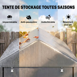 Abri de Jardin avec 2 Compartiments, Tente de Stockage Imperméable, Abri Moto, Porte Enroulable à Fermeture Éclair, Garage pour Vélo, Outils, Moto, Bois, 120x179x165cm, Gris Clair
