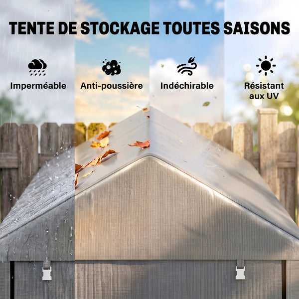 Abri de Jardin avec 2 Compartiments, Tente de Stockage Imperméable, Abri Moto, Porte Enroulable à Fermeture Éclair, Garage pour Vélo, Outils, Moto, Bois, 120x179x165cm, Gris Clair