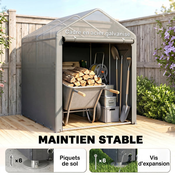 Abri de Jardin avec 2 Compartiments, Tente de Stockage Imperméable, Abri Moto, Porte Enroulable à Fermeture Éclair, Garage pour Vélo, Outils, Moto, Bois, 120x179x165cm, Gris Clair