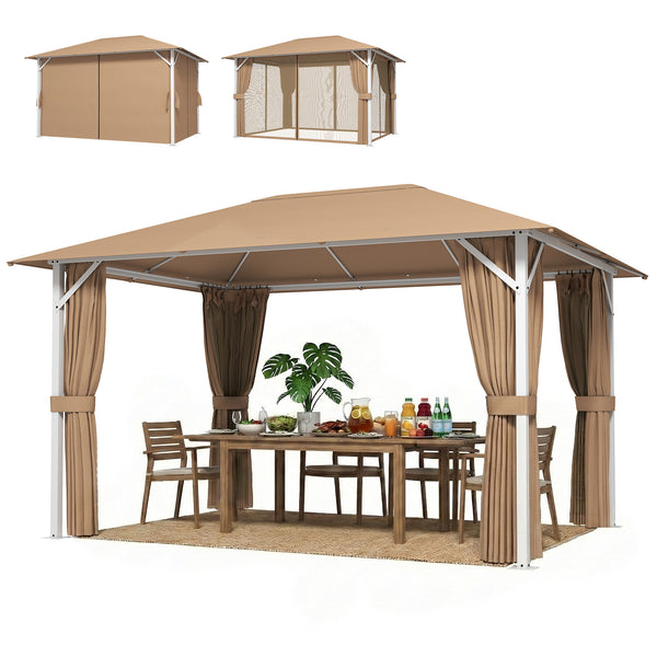 Tonnelle de Jardin 3x4m avec Structure Stable en Métal 60mm - Pavillon Protection UV50+ et 10 Trous de Drainage - Barnum de Réception avec Rideaux et Moustiquaire pour Terrasse, Khaki
