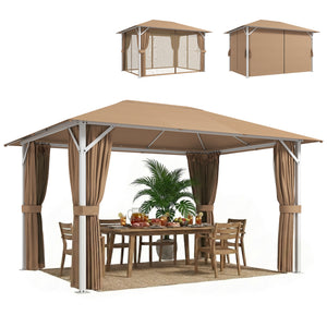 Tonnelle de Jardin 3x4m avec Structure Stable en Métal 60mm - Pavillon Protection UV50+ et 10 Trous de Drainage - Barnum de Réception avec Rideaux et Moustiquaire pour Terrasse, Khaki