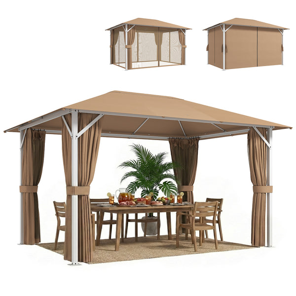 Tonnelle de Jardin 3x4m avec Structure Stable en Métal 60mm - Pavillon Protection UV50+ et 10 Trous de Drainage - Barnum de Réception avec Rideaux et Moustiquaire pour Terrasse, Khaki