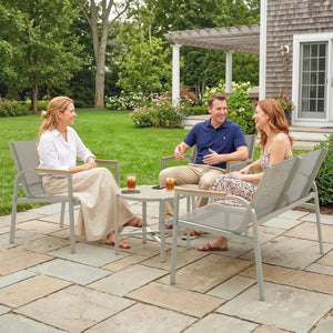 Salon de Jardin 4 Pièces en Textilène, Ensemble de Terrasse avec Canapé 2 Places, 2 Fauteuils et Table Basse en Verre Trempé, Mobilier de Jardin pour Balcon ou Piscine, Vert