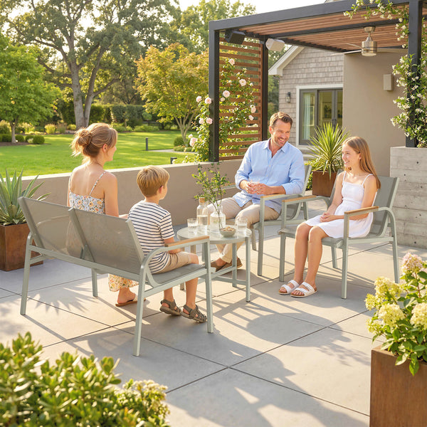 Salon de Jardin 4 Pièces en Textilène, Ensemble de Terrasse avec Canapé 2 Places, 2 Fauteuils et Table Basse en Verre Trempé, Mobilier de Jardin pour Balcon ou Piscine, Vert