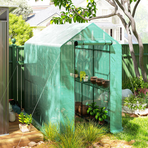 Serre de jardin PE avec étagère 2 niveaux, serre de balcon, bâche renforcée 140 g/m², châssis en acier, porte zippée enroulable, pour légumes plantes fleurs, 186 x 120 x 190 cm, vert