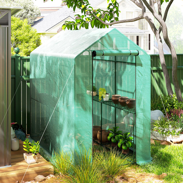 Serre de jardin PE avec étagère 2 niveaux, serre de balcon, bâche renforcée 140 g/m², châssis en acier, porte zippée enroulable, pour légumes plantes fleurs, 186 x 120 x 190 cm, vert