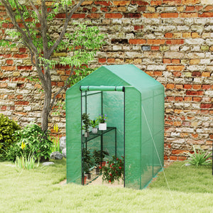 Serre de jardin PE avec étagère 2 niveaux, serre de balcon, bâche renforcée 140 g/m², châssis en acier, porte zippée enroulable, pour légumes plantes fleurs, 186 x 120 x 190 cm, vert