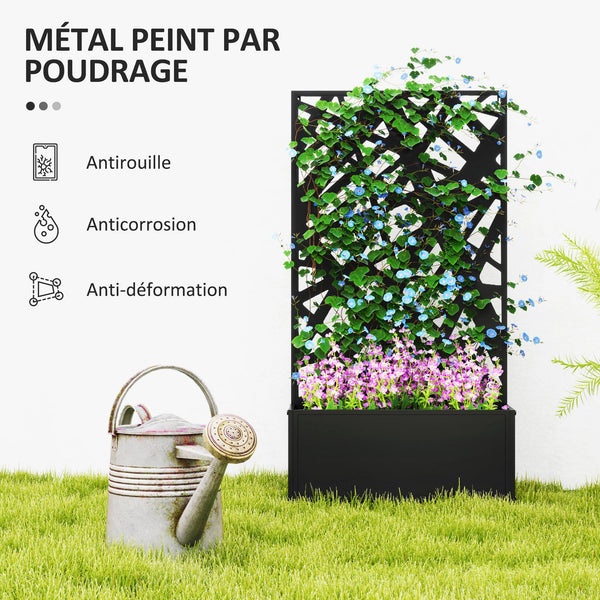 Jardinière avec treillis, brise-vue paravent, jardinière extérieure métal sur pieds ou murale, motifs de lignes, bac à fleurs rectangulaire balcon terrasse patio, 61x23x113 cm, noir
