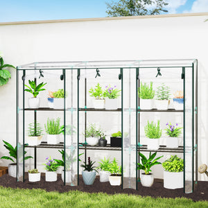 Serre de jardin PE avec étagères 3 niveaux, serre de balcon, bâche renforcée 140 g/m², châssis en acier, 2 portes zippées enroulables, pour légumes plantes fleurs, 215 x 46 x 151 cm, blanc