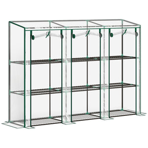 Serre de jardin PE avec étagères 3 niveaux, serre de balcon, bâche renforcée 140 g/m², châssis en acier, 2 portes zippées enroulables, pour légumes plantes fleurs, 215 x 46 x 151 cm, blanc