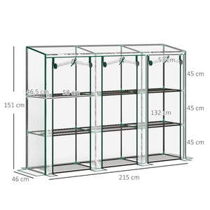 Serre de jardin PE avec étagères 3 niveaux, serre de balcon, bâche renforcée 140 g/m², châssis en acier, 2 portes zippées enroulables, pour légumes plantes fleurs, 215 x 46 x 151 cm, blanc