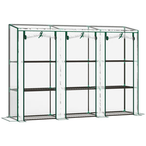 Serre de jardin PE avec étagères 3 niveaux, serre de balcon, bâche renforcée 140 g/m², châssis en acier, 2 portes zippées enroulables, pour légumes plantes fleurs, 215 x 46 x 151 cm, blanc