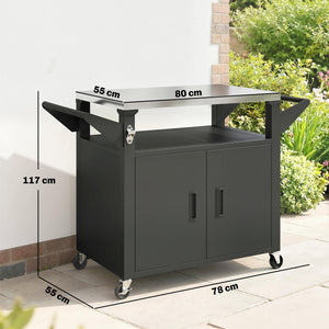 Chariot Barbecue Extérieur avec Plateau en Acier Inoxydable, Support à Pizza à 3 Étagères avec Placard de Rangement, Chariot BBQ Mobile sur Roulettes, Noir