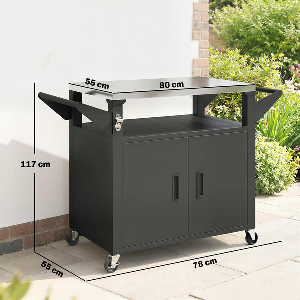 Chariot Barbecue Extérieur avec Plateau en Acier Inoxydable, Support à Pizza à 3 Étagères avec Placard de Rangement, Chariot BBQ Mobile sur Roulettes, Noir