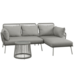 Salon de jardin extérieur d'angle moduable 4 places en résine tressée canapé de jardin extérieur avec table basse coussins grand confort inclus gris