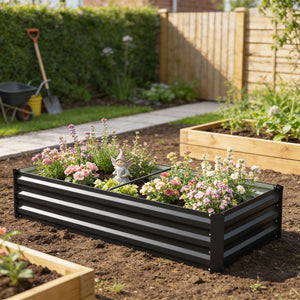 Jardinière rectangulaire potager de jardin bac à fleurs en acier avec bordure de sécurité et fond ouvert dim. 150L x 70l x 30H cm gris foncé