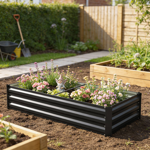 Jardinière rectangulaire potager de jardin bac à fleurs en acier avec bordure de sécurité et fond ouvert dim. 150L x 70l x 30H cm gris foncé