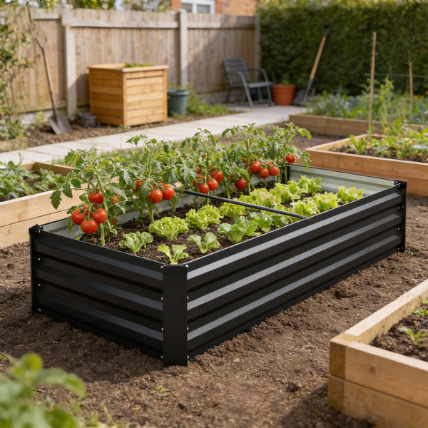 Jardinière rectangulaire potager de jardin bac à fleurs en acier avec bordure de sécurité et fond ouvert dim. 150L x 70l x 30H cm gris foncé