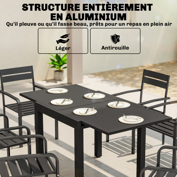 Table de jardin extensible en aluminium - table extérieur 4-6 personnes avec rallonge auto-stockée - mobilier de jardin résistant aux intempéries pour terrasse et balcon, 80-160 x 80 cm, noir