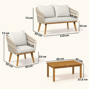 Ensemble de jardin 4 pièces en polyrattan - Salon avec canapé 2 places, 2 fauteuils, table à lattes en acacia, coussins épais lavables, mobilier balcon pour 4 personnes, ensemble pour jardin/balcon blanc crème