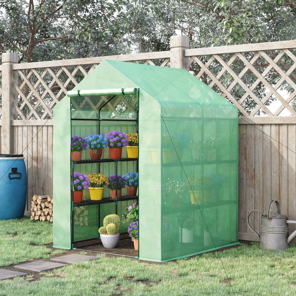 Serre de Jardin avec Étagères 3 Niveaux, Petite Serre de Balcon en Bâche PE 140 g/㎡ Renforcée et Châssis Acier, pour Légumes et Fleurs, Intérieur et Extérieur, 143 x 138 x 190 cm, Vert