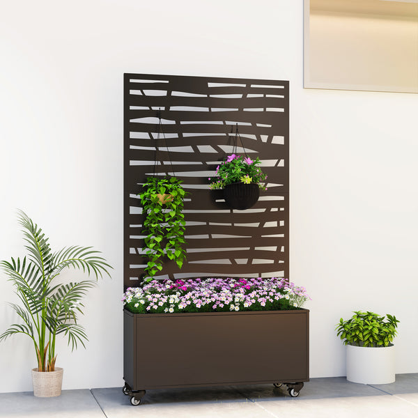 Jardinière avec treillis, bac à fleurs en métal, lit surélevé avec brise-vue et roues, treillis découpé en lattes pour plantes grimpantes, légumes, fleurs, 90 x 30 x 160 cm, noir
